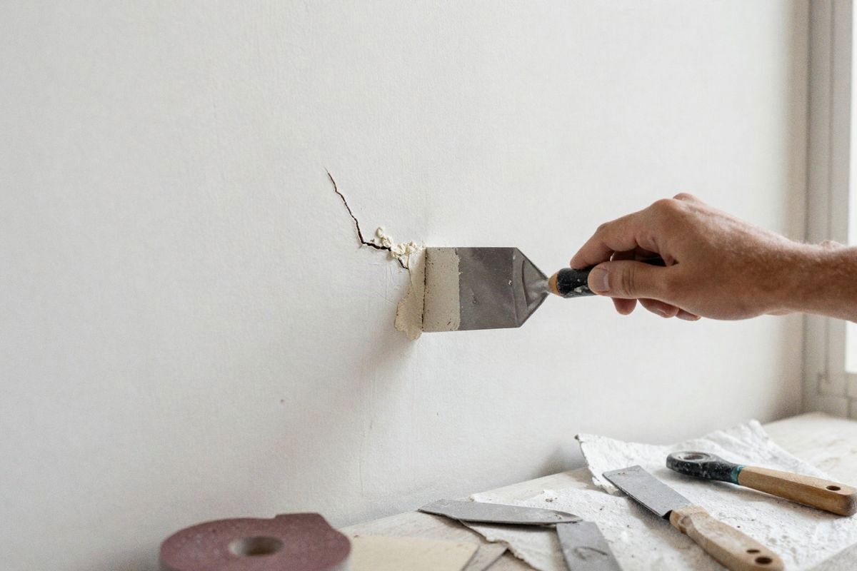 Illustrative image: applying wall filler compound to a wall crack.