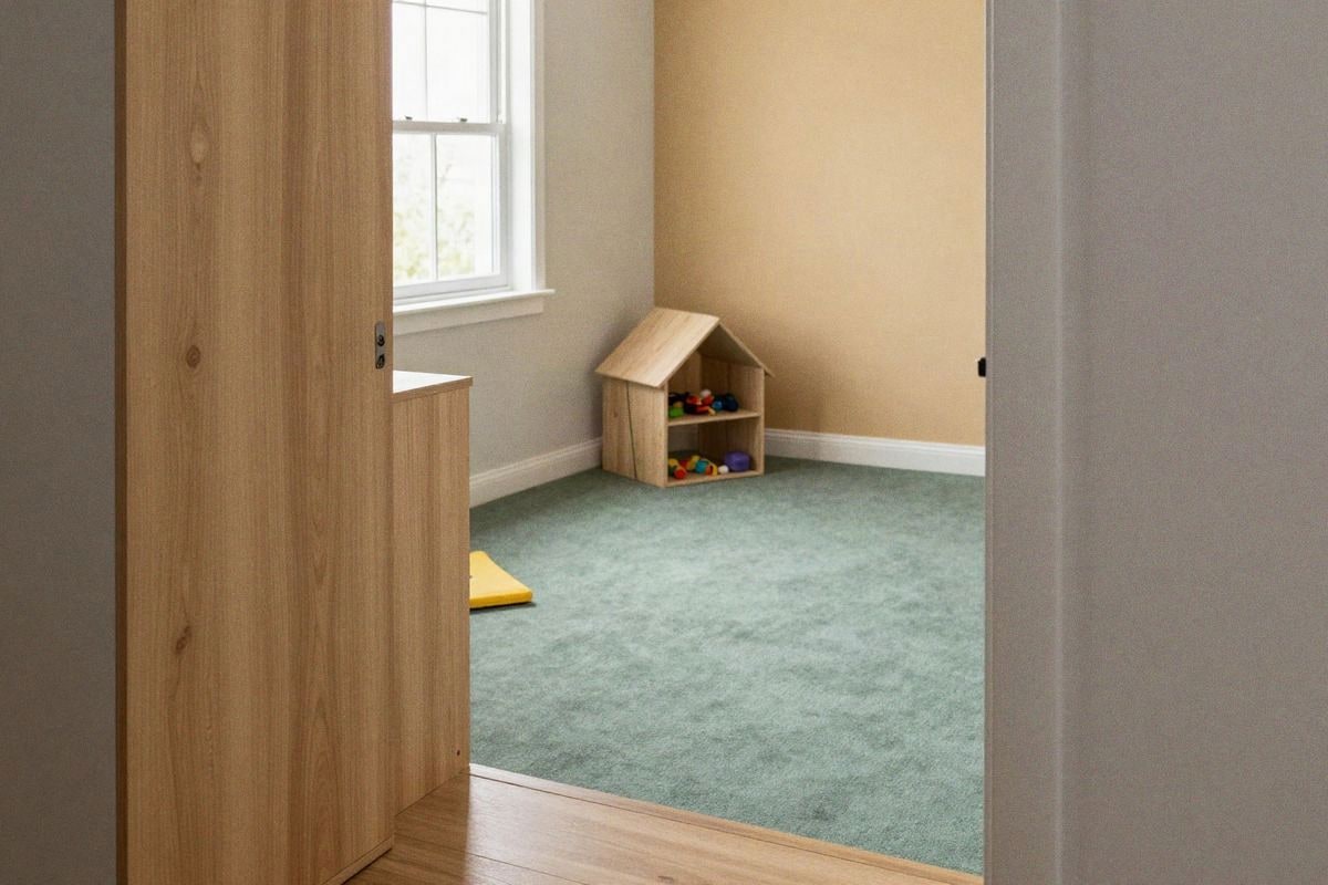 Imagen ilustrativa: dormitorio infantil con combinación de moqueta y vinilo resistente