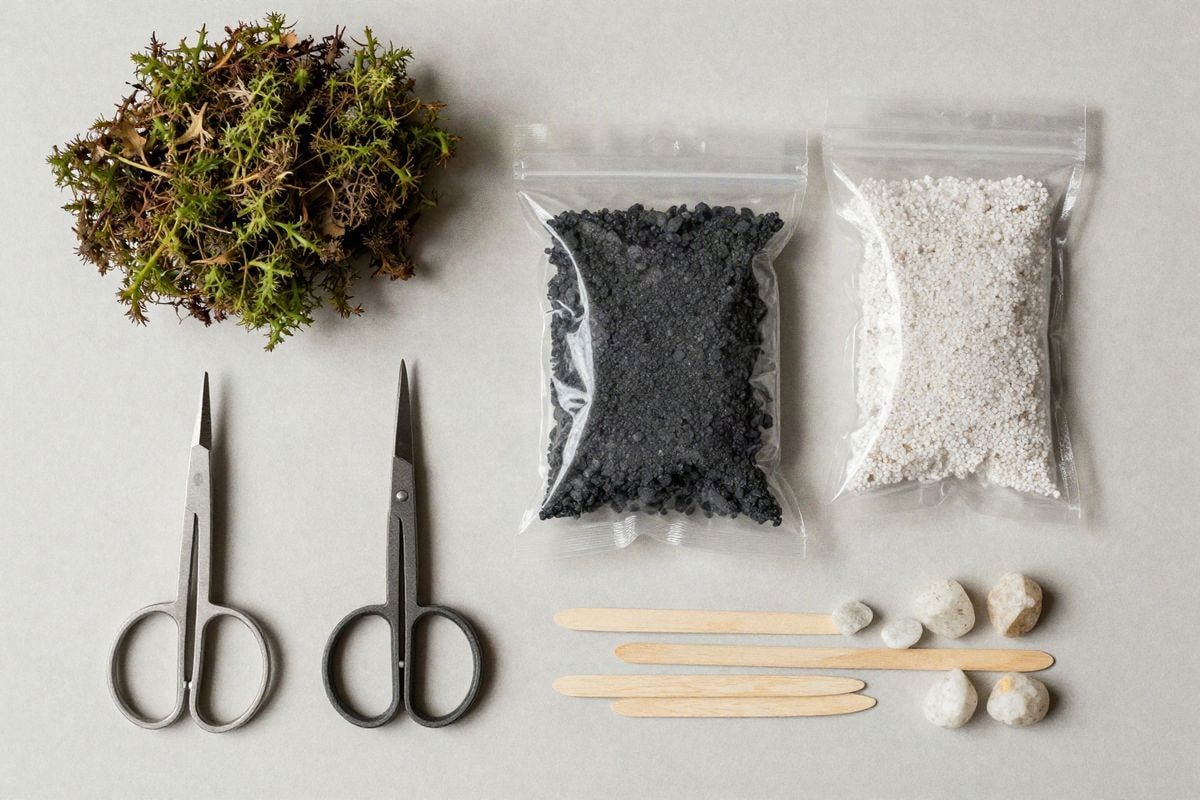 Illustrative image: basic tools and materials for terrarium maintenance.