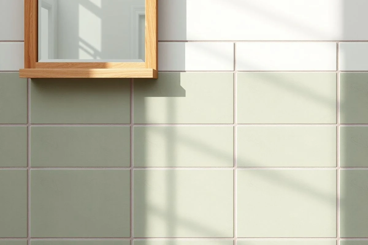 Detalle de azulejos verdes grandes con juntas finas y marco de madera