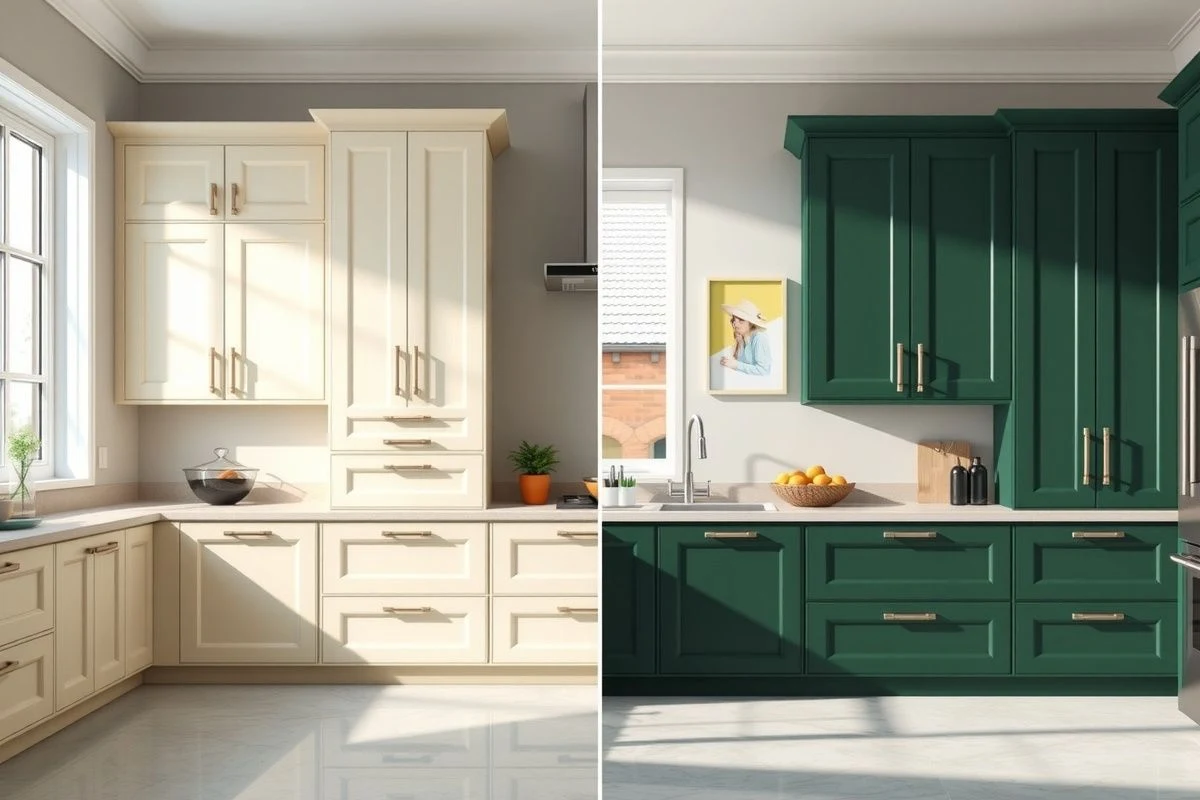 Imagen ilustrativa: Combinación de frentes en colores contrastantes - verde profundo y blanco crema - en cocina moderna