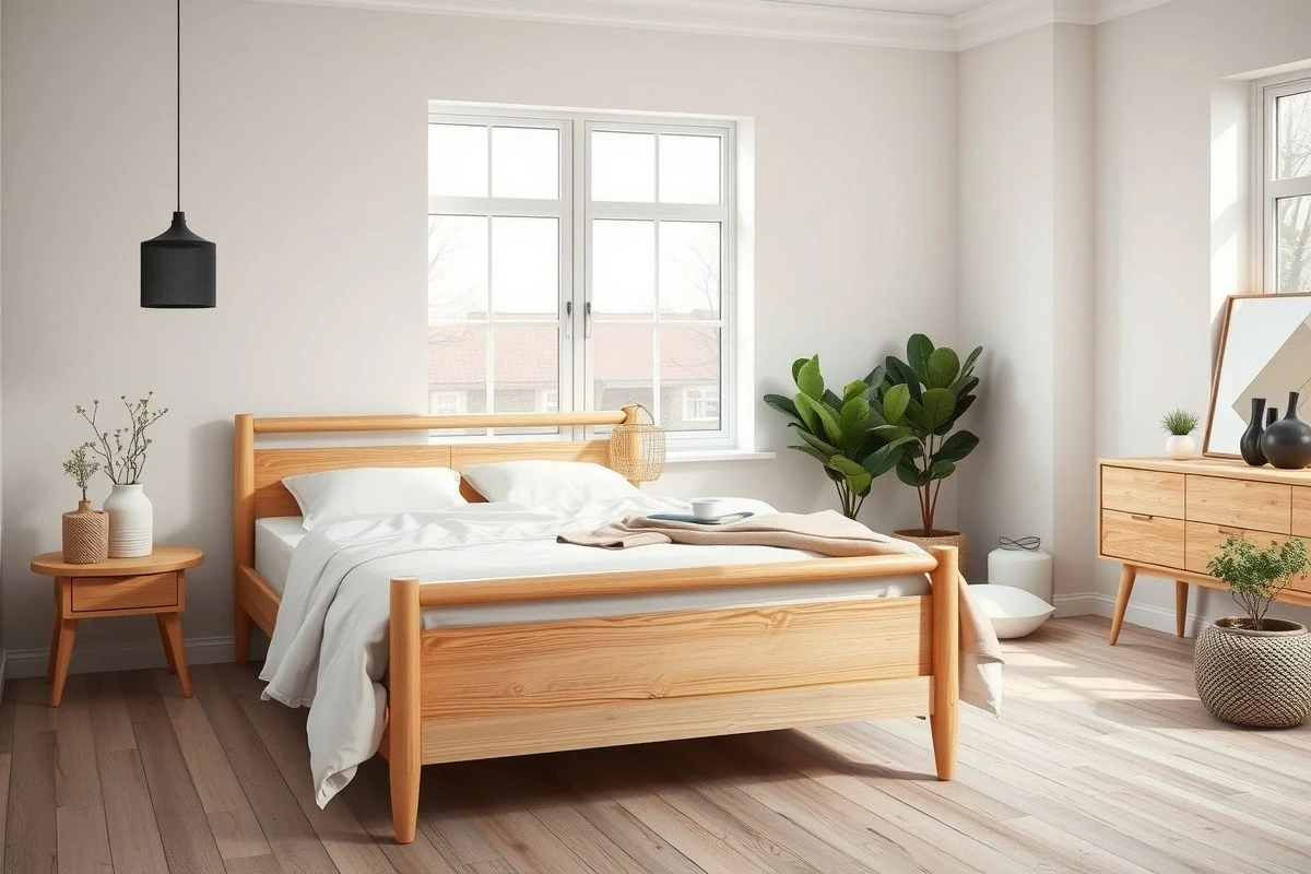 Dormitorio con cama vintage escandinava años 50 en madera clara y decoración contemporánea