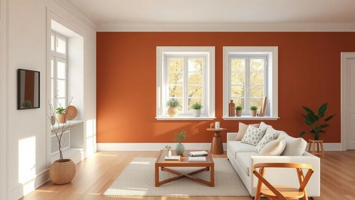 Modern living room with warm terracotta wall and natural accessories