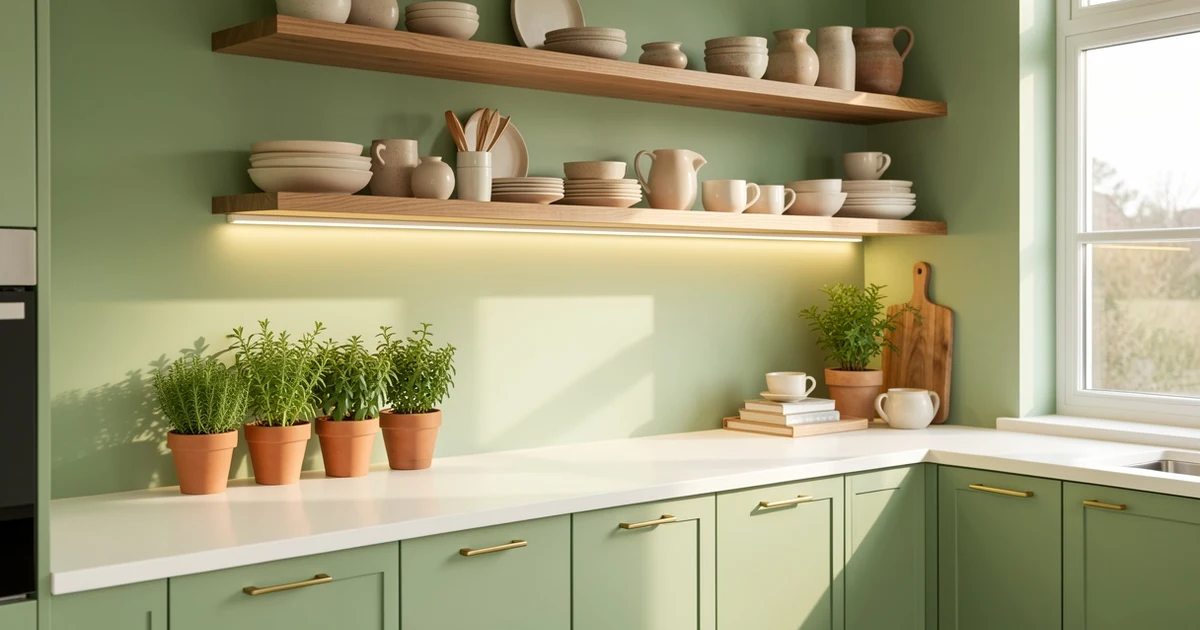 Cocina moderna renovada con paredes verdes suaves, iluminación LED y plantas