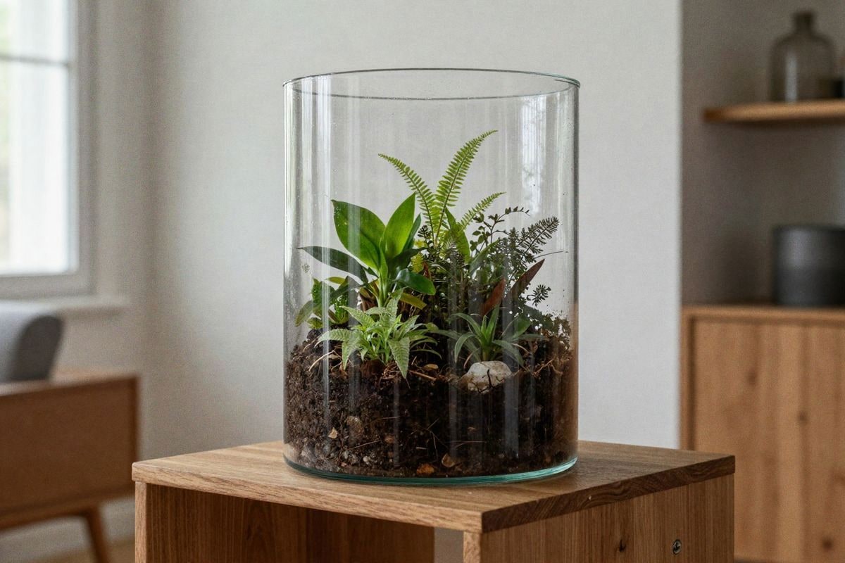 Illustrative image: terrarium on home shelf as decorative focal point of a room.