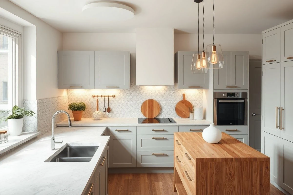 Contemporary kitchen with neutral light at workspace and warm light at island