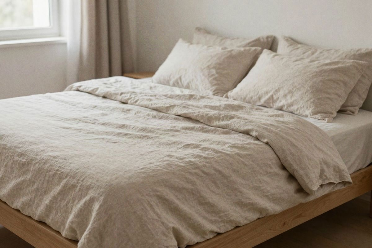 Illustrative image: minimalist bedroom with natural linen bedding in beige tones and soft daylight