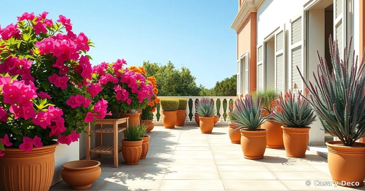Sunny terrace with bougainvillea, lantana, and red sage in pots