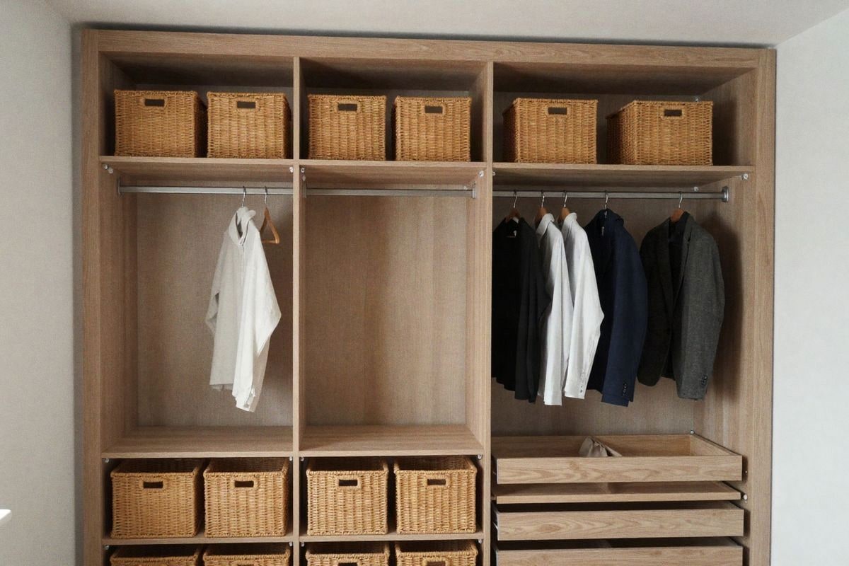 Illustrative image: organized wardrobe interior with adjustable shelves