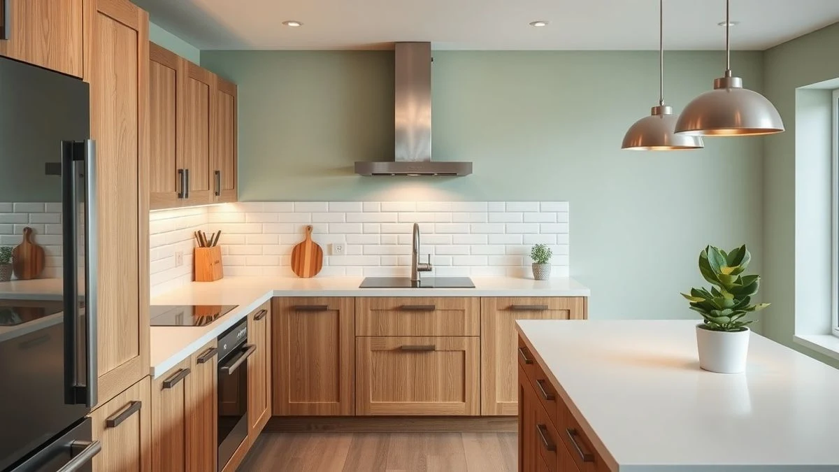 Cocina antigua renovada con pintura verde salvia, nuevos tiradores y LED
