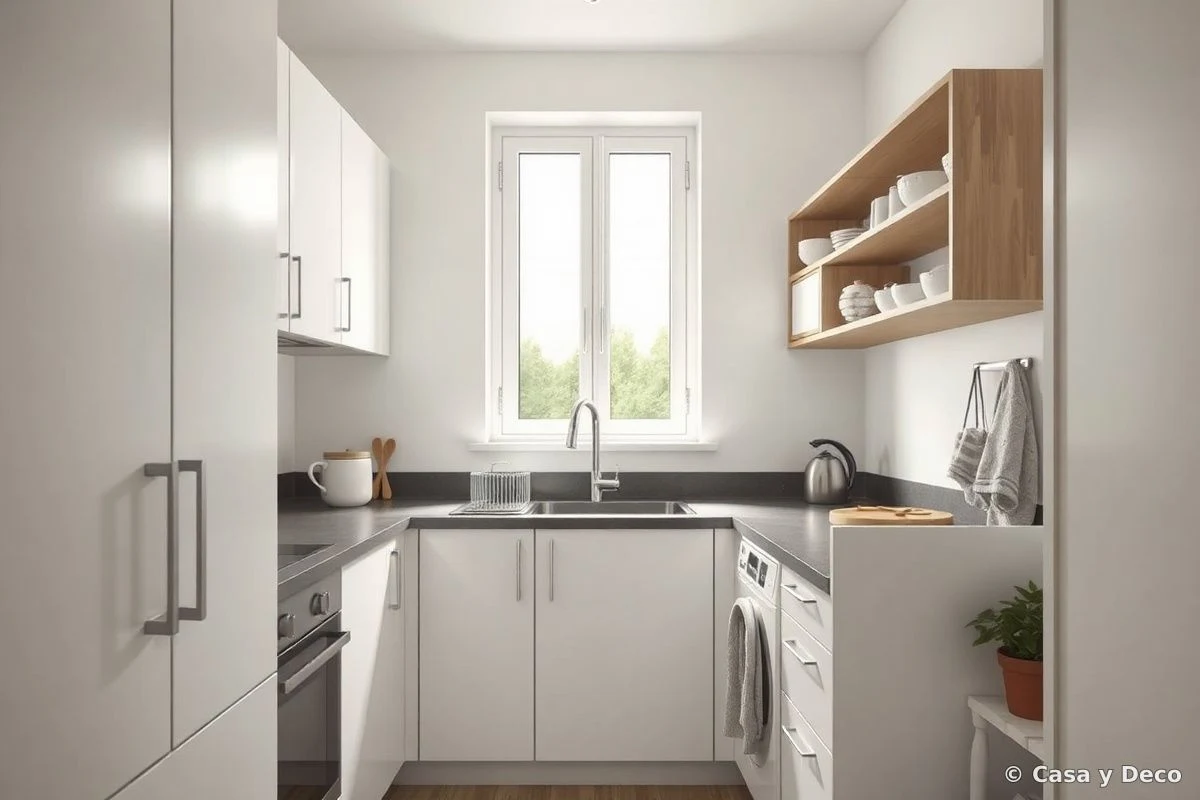 Small minimalist kitchen without handles optimizing limited space.
