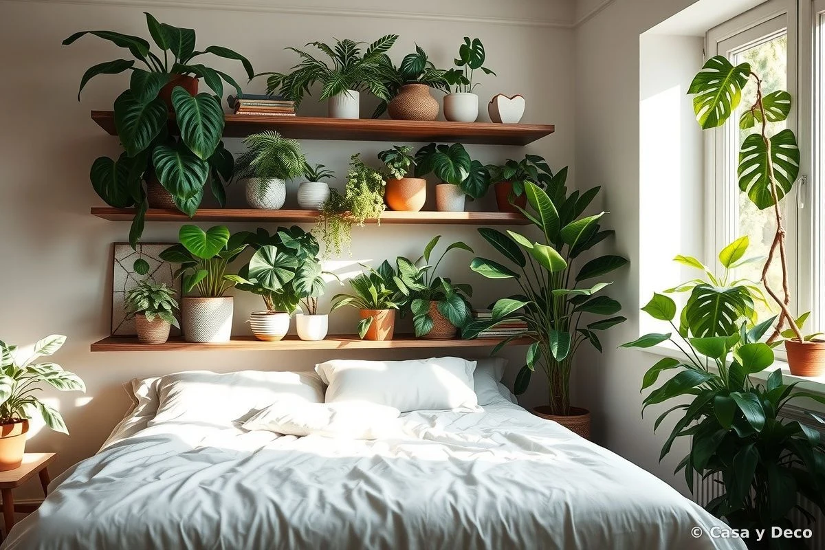Cabecero verde con estanterías flotantes llenas de plantas de gran hoja