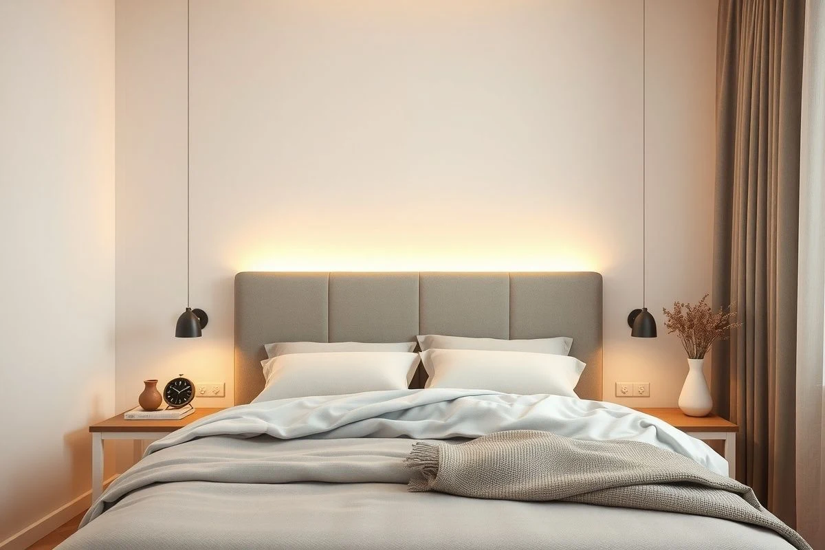 Bedroom with warm indirect lighting behind headboard