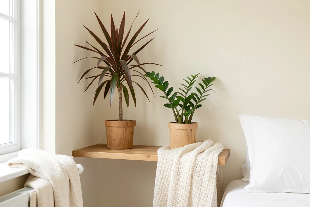 Bedroom corner with dracaena and ZZ plant in wooden pots