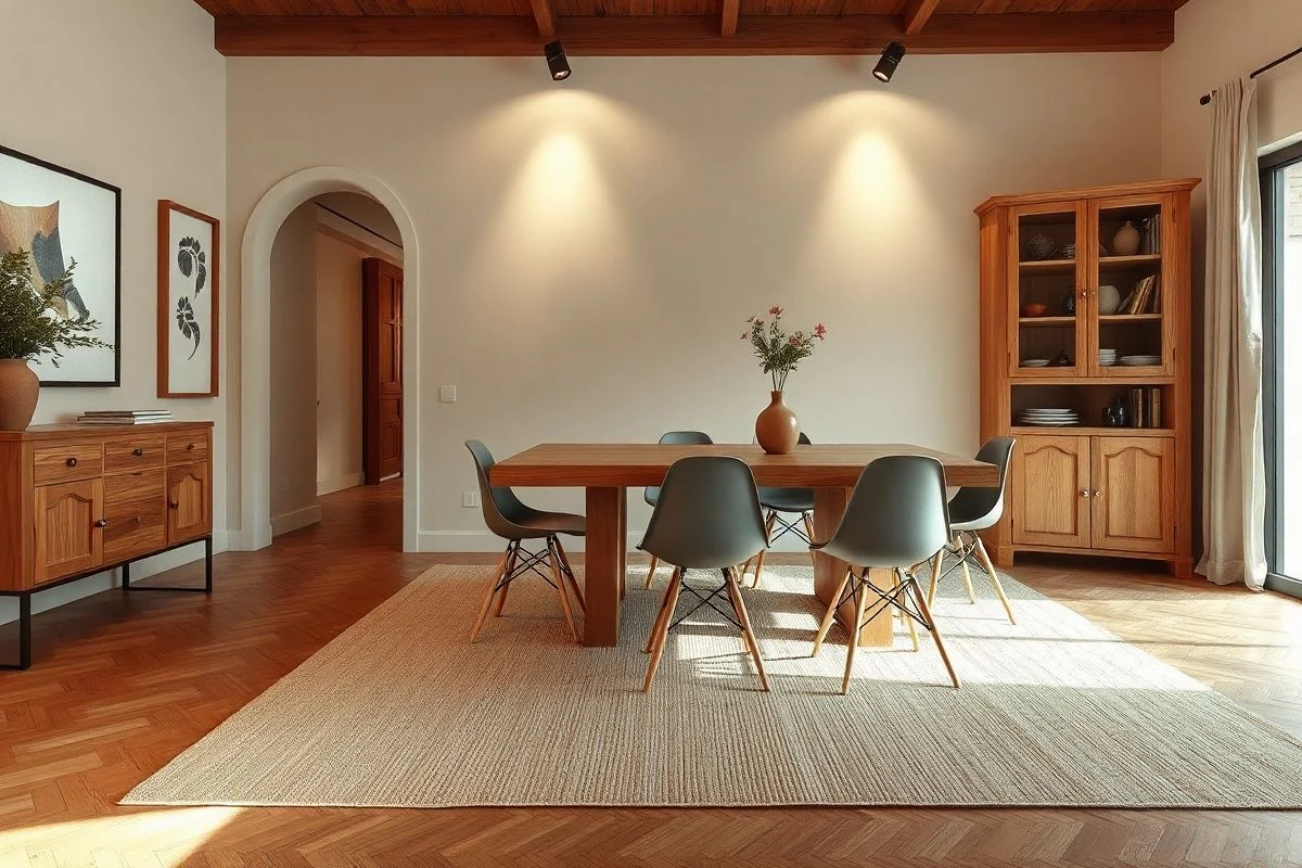 Comedor diferenciado con alfombra de yute y iluminación focal en techo
