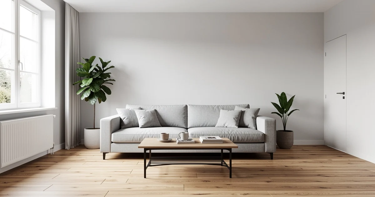 Salón con sofá gris bien dimensionado respecto al espacio disponible