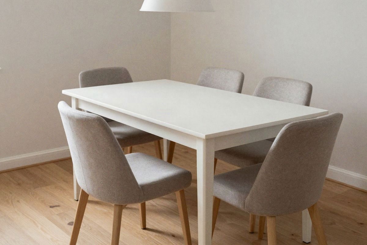 Imagen ilustrativa: Comedor pequeño con mesa blanca mate y sillas neutrales.