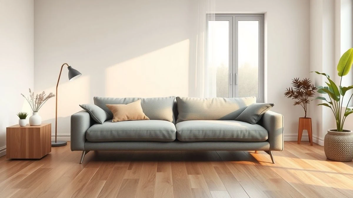 Modern living room with a grey linen sofa bed of quality