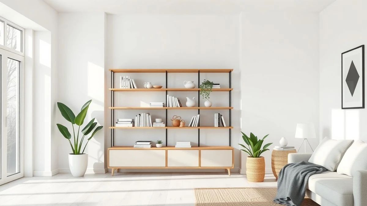 Imagen ilustrativa: salón nórdico con estanterías abiertas de madera clara y plantas.