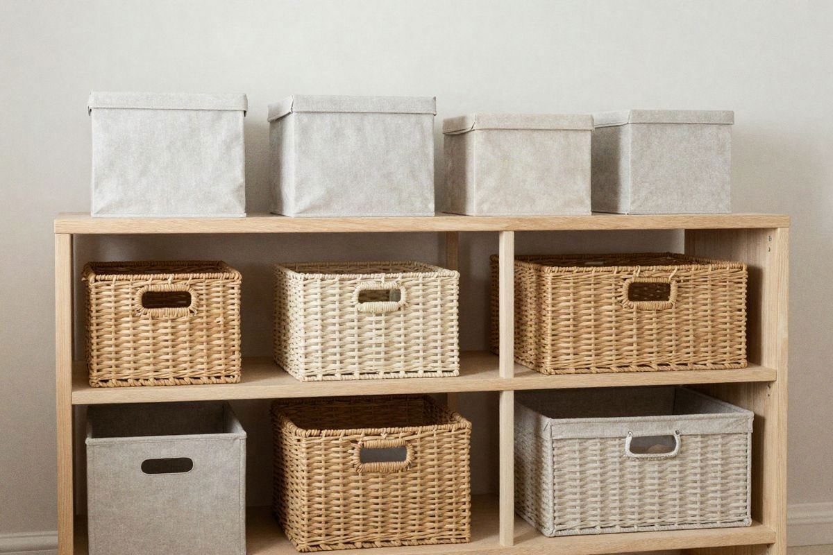 Imagen ilustrativa: Almacenaje inteligente con cestas de tela y cajas organizadoras en tonos neutros.