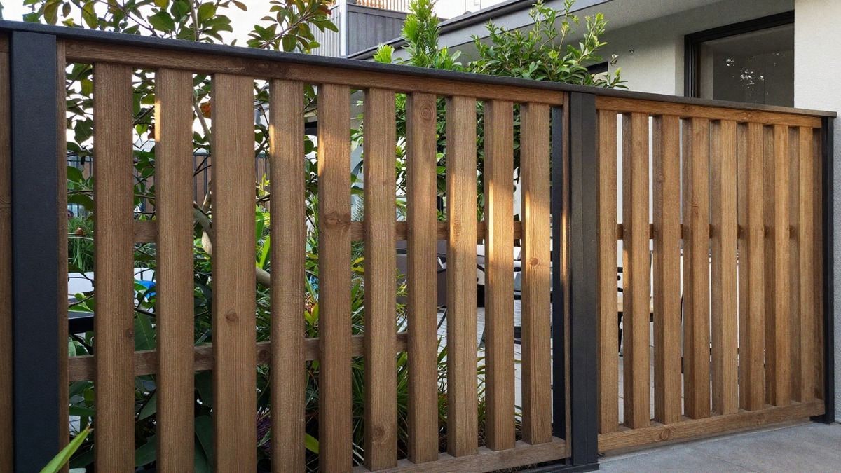 Imagen ilustrativa: Valla de listones de madera con espacios que dejan pasar luz filtrada en un jardín moderno