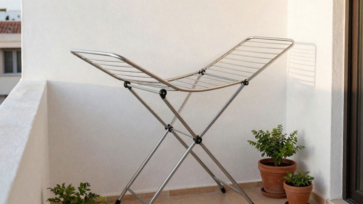 Illustrative image: deployed folding clothesline on a small sunny terrace.