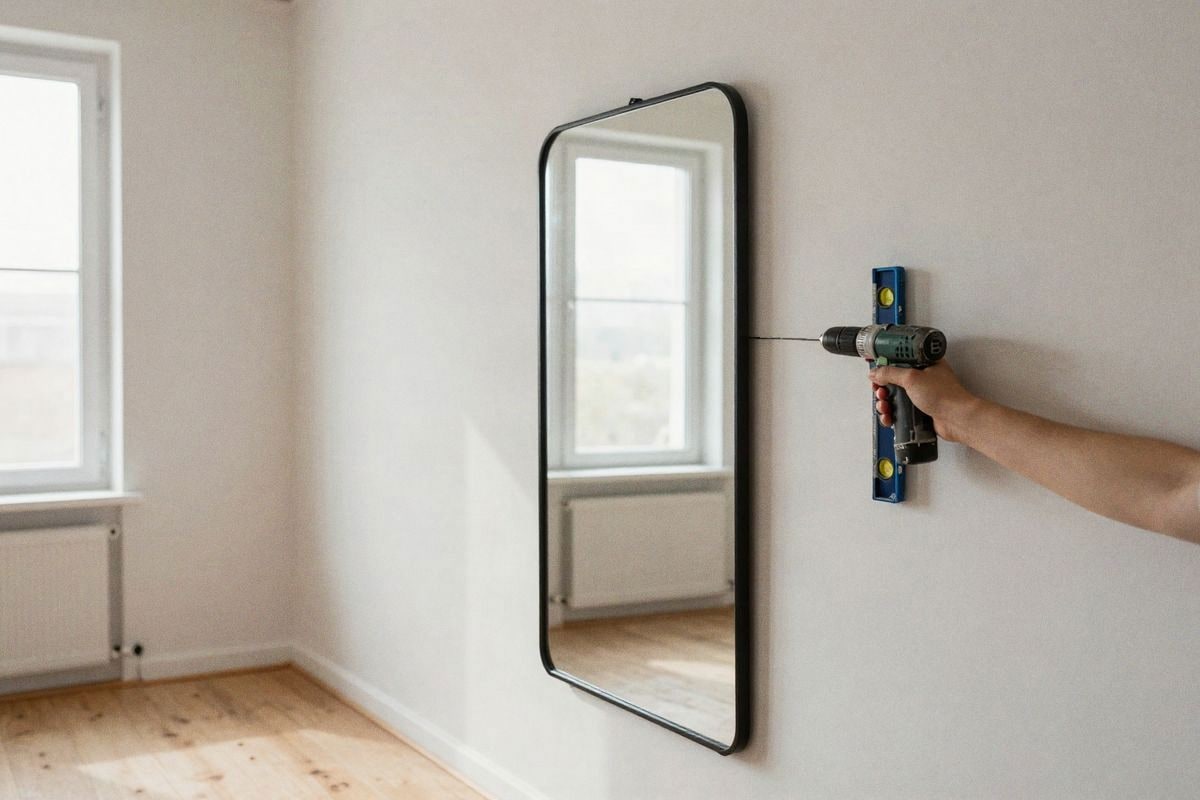 Illustrative image: process of hanging a mirror on wall with level and measurements.