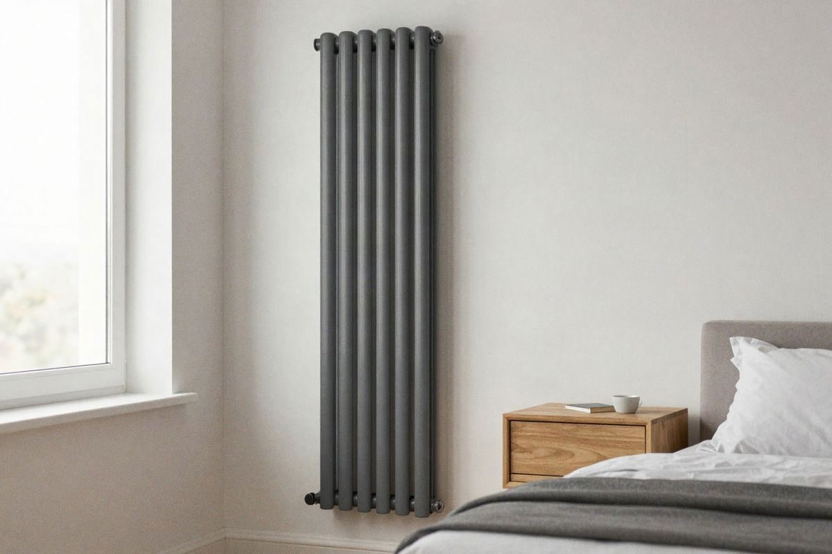 Illustrative image: vertical anthracite gray radiator in Nordic bedroom