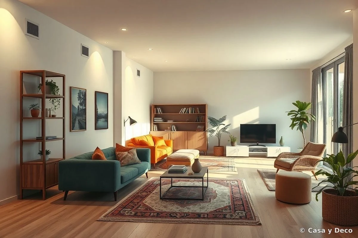 Zonas diferenciadas en un salón alargado con plantas y estanterías altas