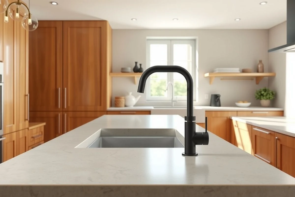 Grifo de tamaño proporcional en una cocina con isla central