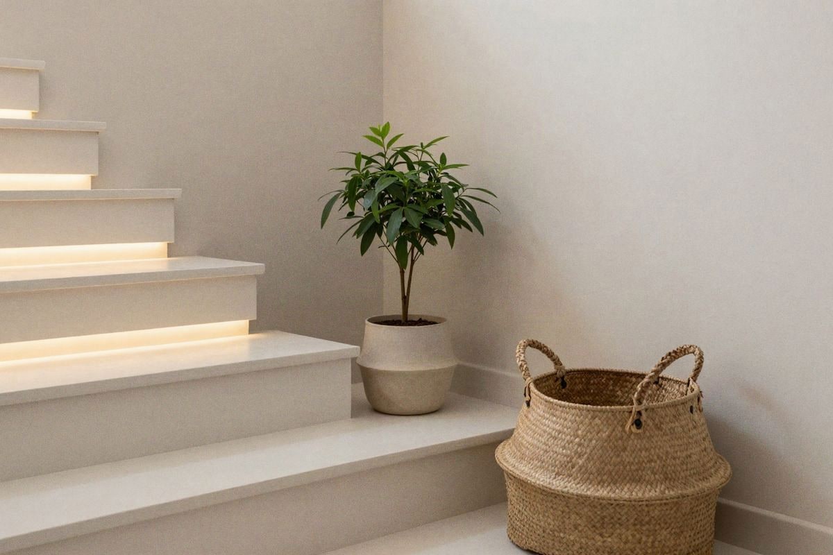Illustrative image: Decorative corner under stairs with plants, warm light and neutral tones.