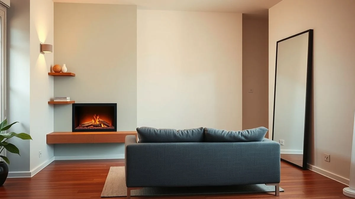 Salón pequeño integrado con chimenea moderna, sofá compacto y pared focal neutro