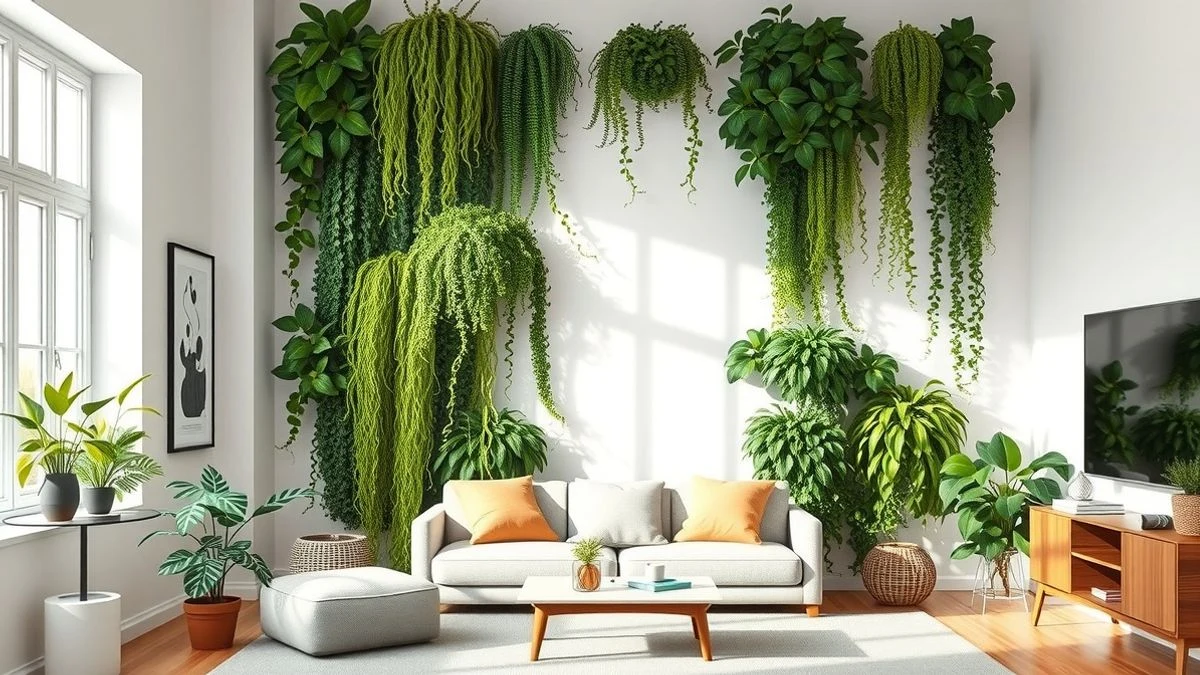 Vertical wall with green plants in a modern room