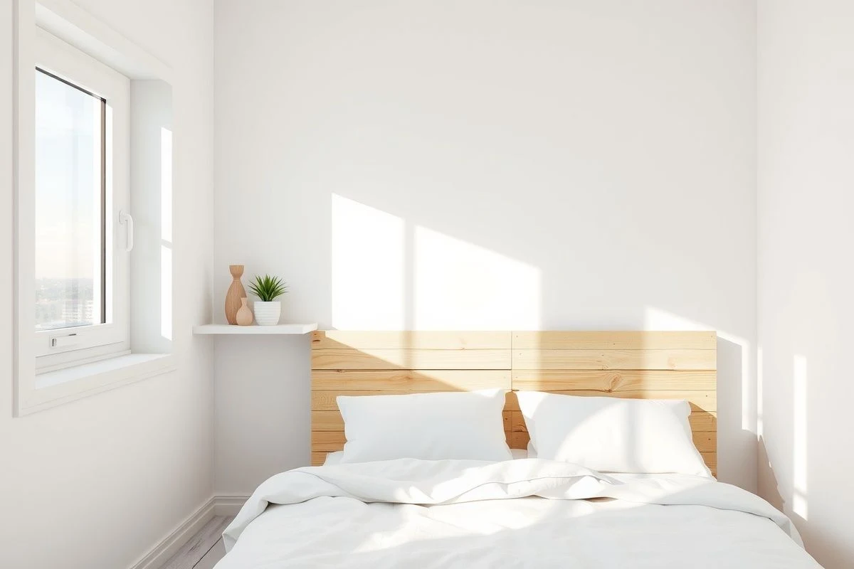 Cabecero de palets blanco en dormitorio pequeño estilo nórdico