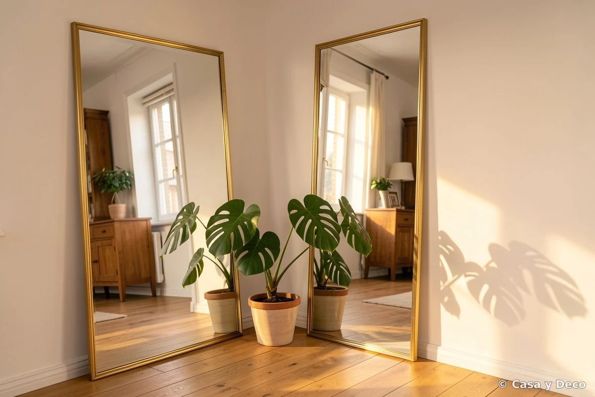 Espejo rectangular reflejando luz natural junto a plantas verdes