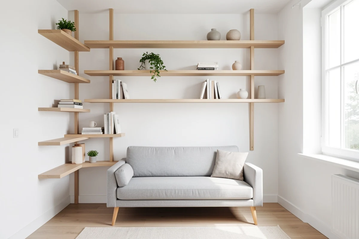 Vertical open shelving directing the eye upward in compact space