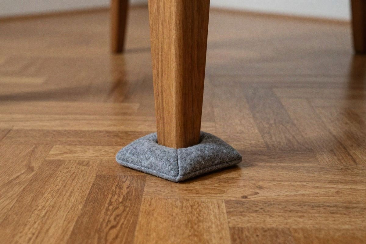 Imagen ilustrativa: protector de fieltro bajo pata de mueble en parquet
