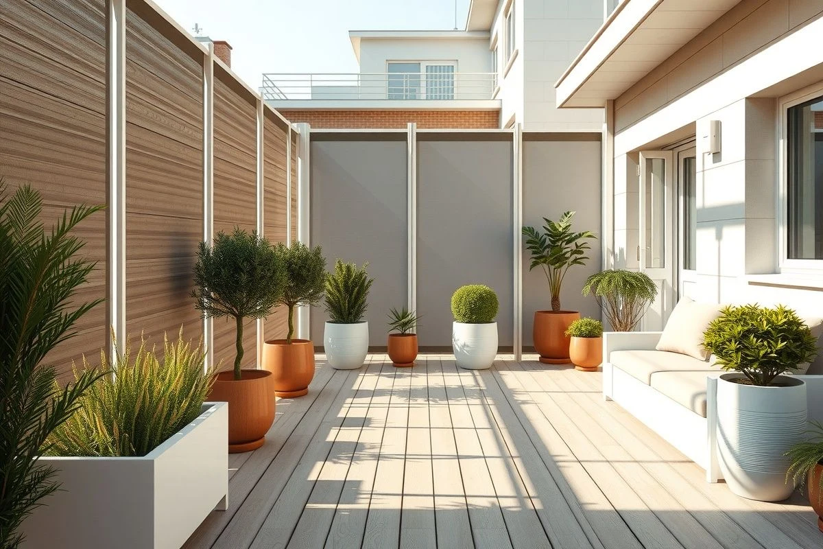 Terraza minimalista con plantas distribuidas estratégicamente