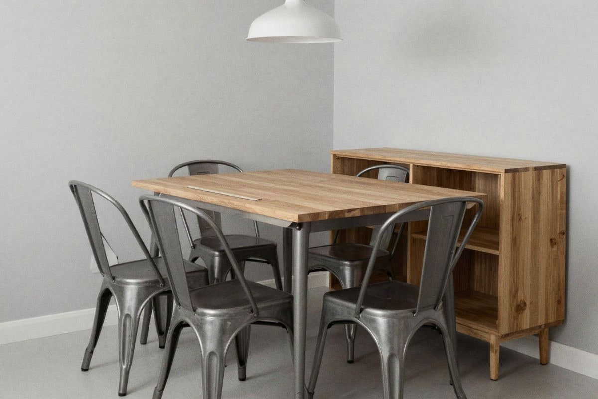 Imagen ilustrativa: Mesa extensible desplegada con sillas apilables en comedor funcional.