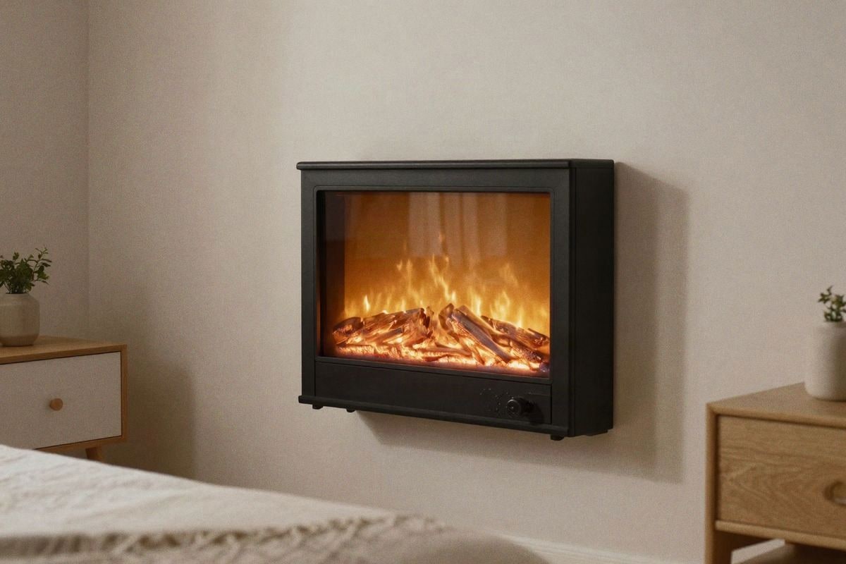 Imagen ilustrativa: chimenea eléctrica funcional en dormitorio pequeño