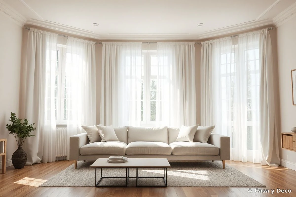 Salón con cortinas claras recogidas y muebles bajos que permiten circulación de luz