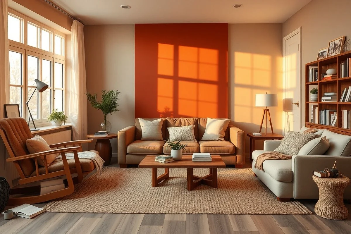 Complete earth tone living room: walls, furniture, textiles and warm light in harmony
