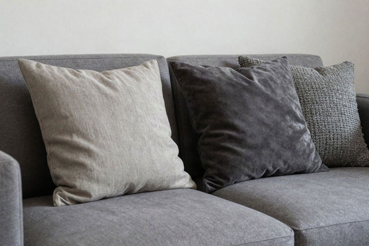 Illustrative image: cushions of varying sizes and textures in gray tones on a sofa