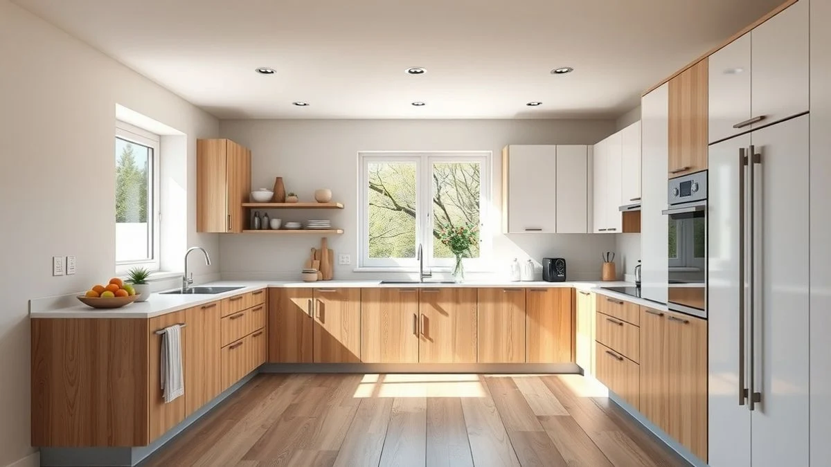 Illustrative image: U-shaped kitchen with light furniture and modern appliances