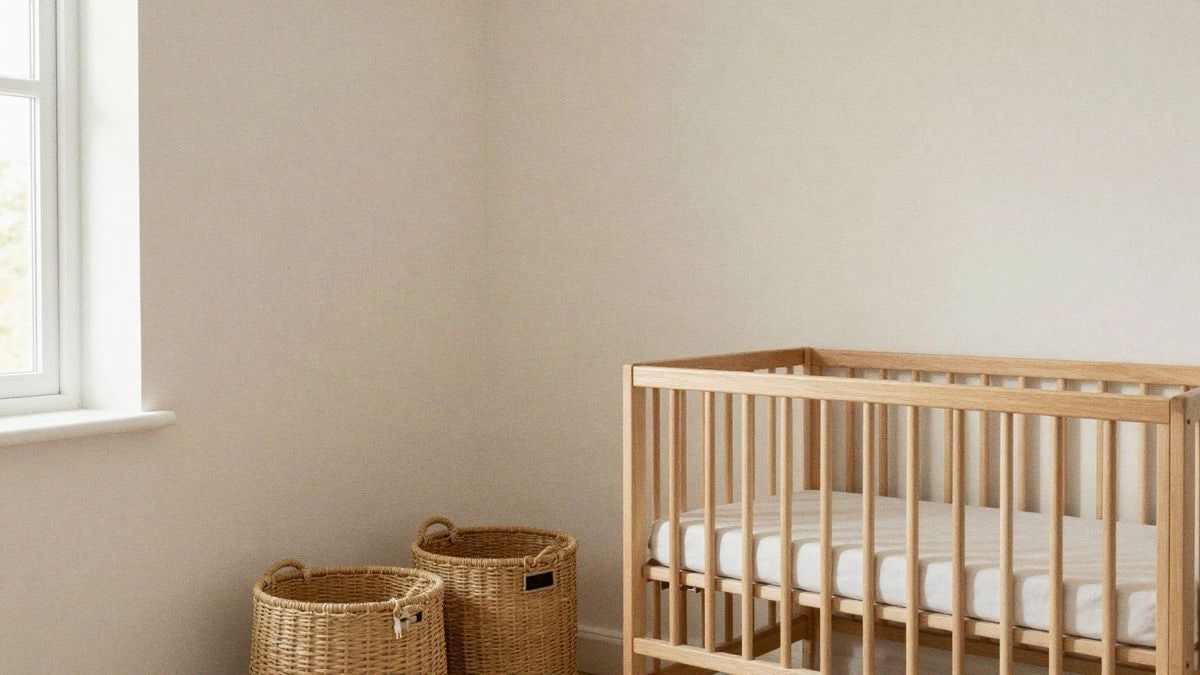 Imagen ilustrativa: Habitación bebé minimalista con paredes beige, cuna de madera y cestas de almacenaje.