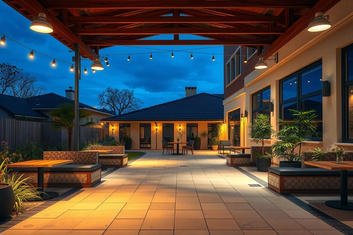Balanced multi-layered lighting distribution in outdoor seating area