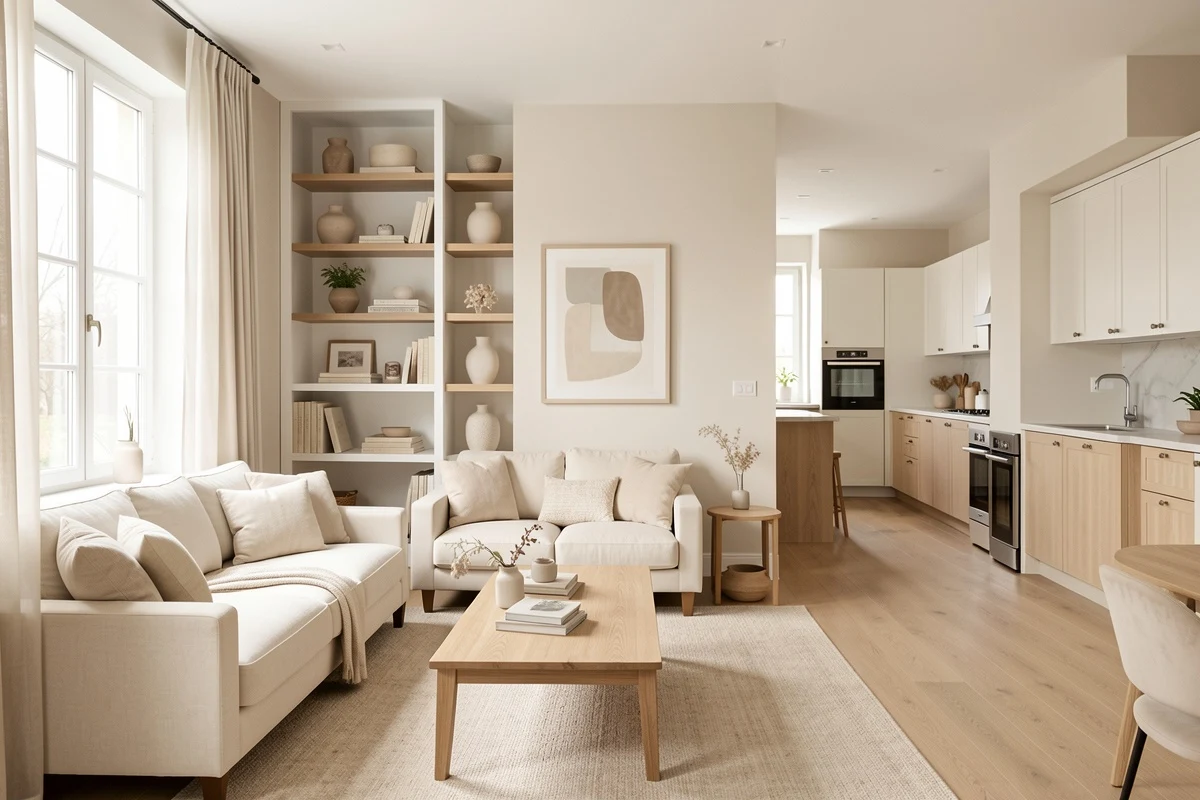 Living room with neutral tones and visual continuity between spaces