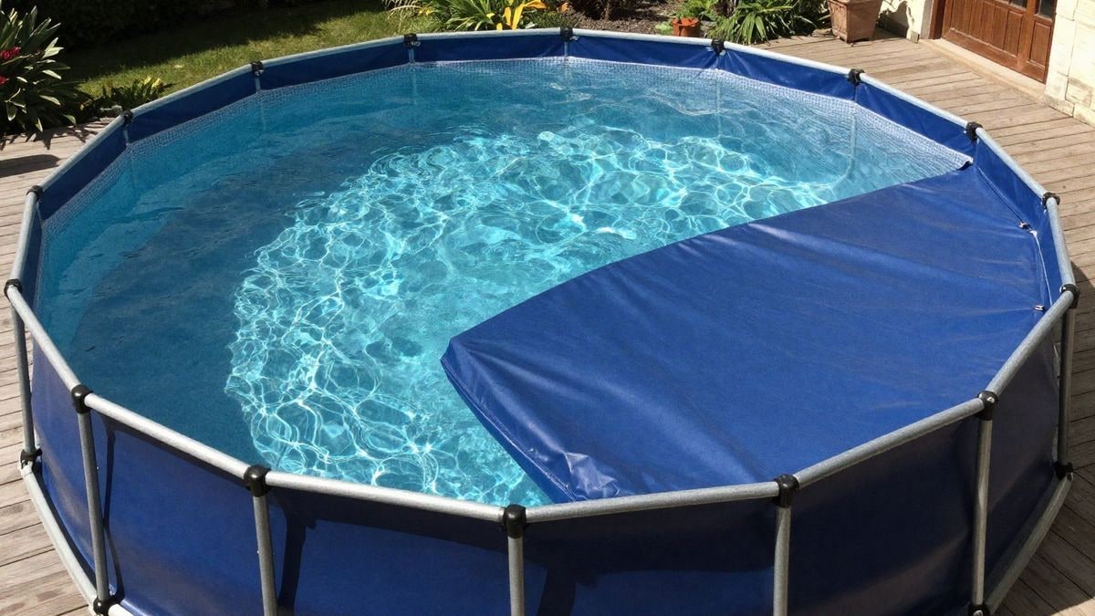 Imagen ilustrativa: piscina desmontable redonda de estructura metálica con revestimiento de vinilo azul.