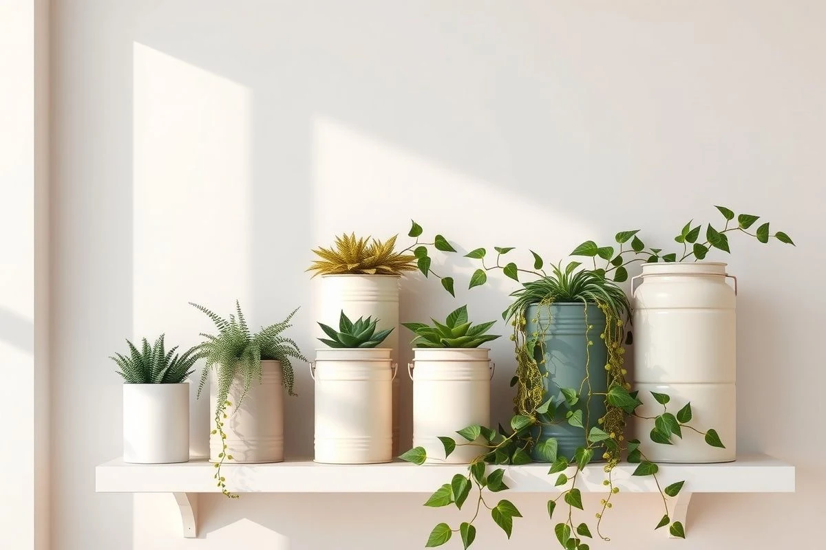 Estantería con macetas de lata pintadas en tonos neutros y plantas variadas