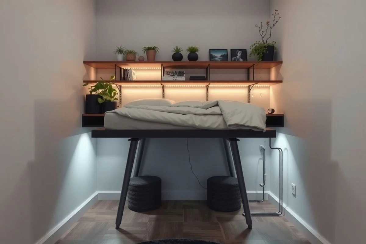 Estudio compacto con cama elevada y almacenaje integrado con iluminación LED